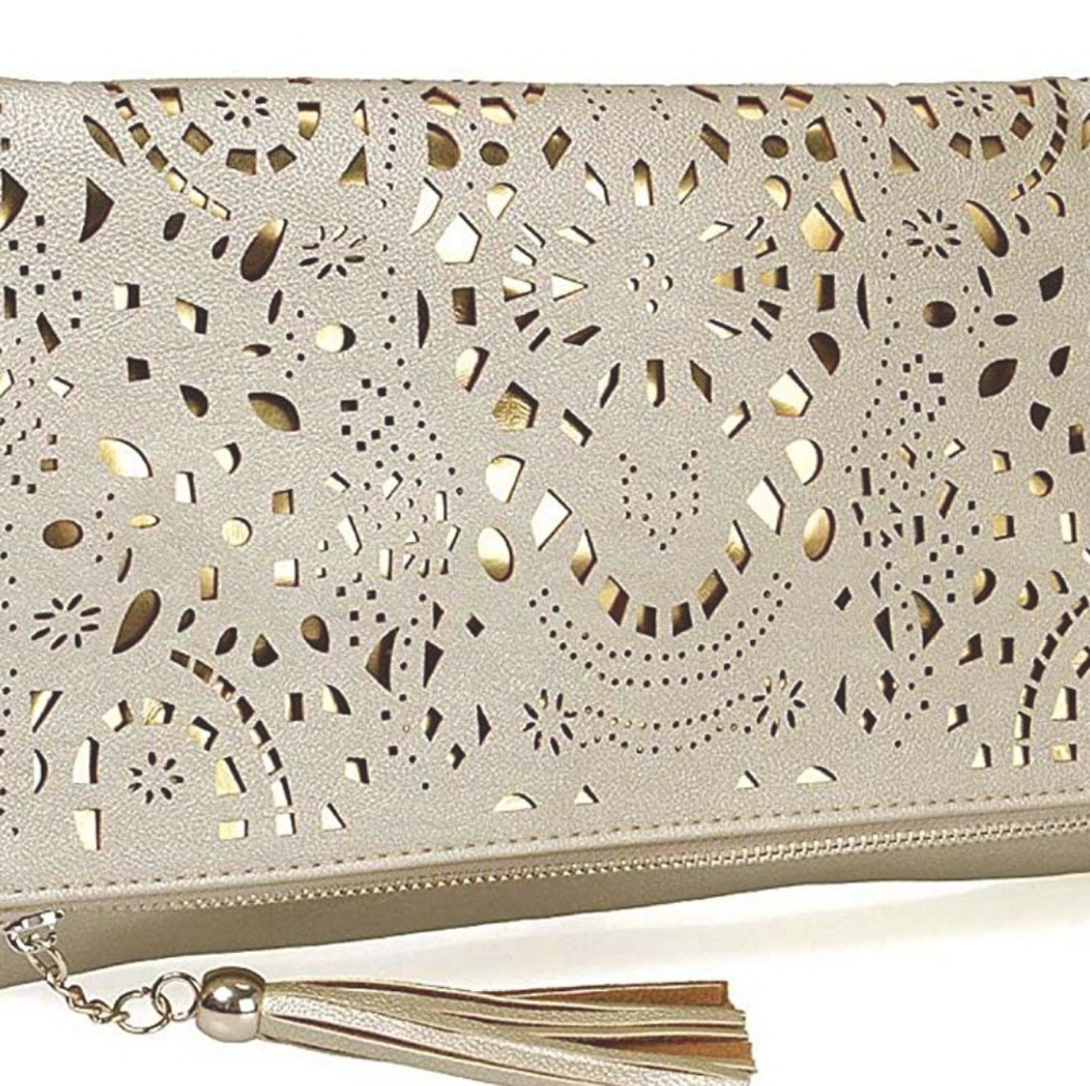 Gold Foldover Fashion Clutch Handbag 11.9x7.1 inch